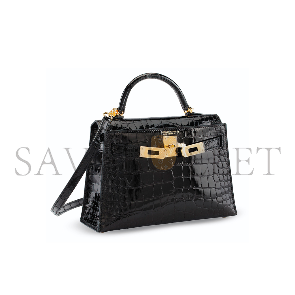 HERMÈS MASTER A SHINY BLACK ALLIGATOR SELLIER MINI KELLY 20 II WITH GOLD HARDWARE (19*12*5.5cm)